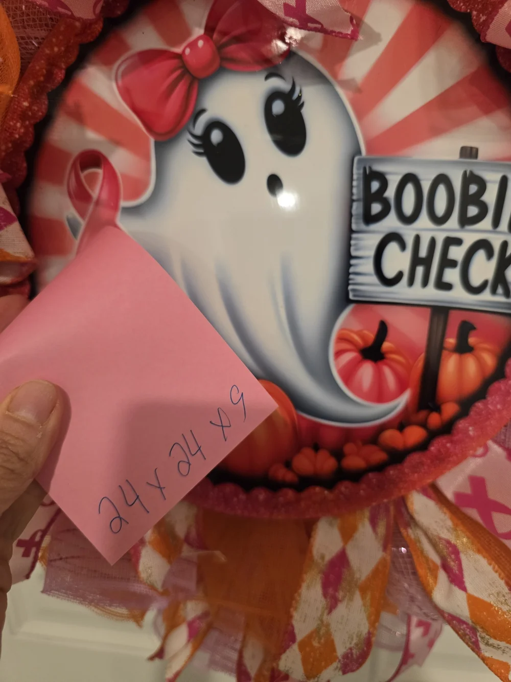 Pink & Orange Breast Cancer Awareness Holiday Wreath - Boobie Check Halloween